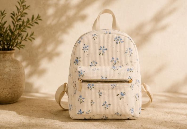 K&ouml;nnte beinhalten: Ein kleiner cremefarbener Rucksack aus Kord mit einem zarten blauen Blumenmuster. Die Tasche verf&uuml;gt &uuml;ber eine Fronttasche mit Rei&szlig;verschluss und goldfarbenen Beschl&auml;gen, einen Tragegriff oben sowie verstellbare Schultergurte im kompakten Design.