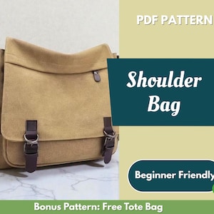 Può includere: Una borsa a tracolla in tela beige con dettagli in pelle marrone, fibbie e una tracolla. La borsa ha una chiusura con patta e una tasca laterale. Il testo sull'immagine recita "Shoulder Bag" e "Beginner Friendly".