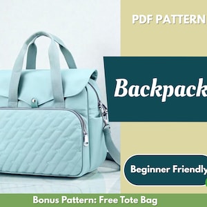 May include: A light blue backpack with a quilted front pocket, top handle, and shoulder strap. The bag has a flap closure and a zippered front pocket. Text on the image reads "Backpack" and "Beginner Friendly".