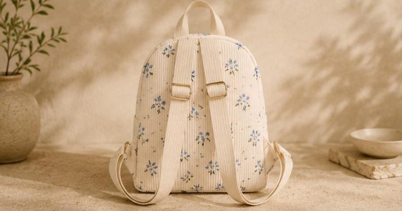 K&ouml;nnte beinhalten: Ein cremefarbener Rucksack aus Cord mit einem sich wiederholenden Muster aus kleinen blauen Blumen und gr&uuml;nen Bl&auml;ttern. Der Rucksack verf&uuml;gt &uuml;ber zwei verstellbare Schultergurte, einen Tragegriff und goldfarbene Metallbeschl&auml;ge an den Schnallen.