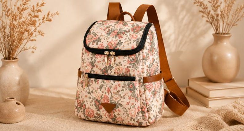 May include: A backpack featuring a cream-colored base with a dense floral pattern of pink, red, and green roses. It includes brown adjustable shoulder straps, black zipper closures, a front zippered pocket, and a triangular brown patch at the base.