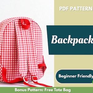 May include: A red and white gingham backpack with red straps and a side mesh pocket. The text "Backpack" is displayed on a teal background. The words "Beginner Friendly" are also visible.