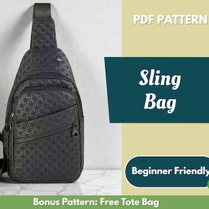 Puede incluir: Un bolso bandolera negro con un patrón geométrico repetido. El bolso tiene una sola correa para el hombro y un compartimento principal con cremallera. El texto "Sling Bag" se muestra en blanco, y el texto "Beginner Friendly" también es visible.