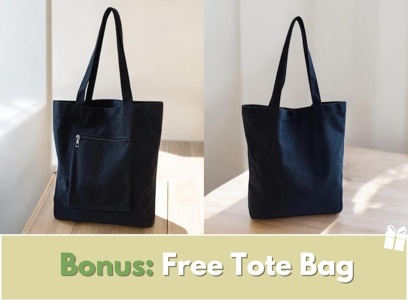 May include: Two views of a black tote bag with long handles. One bag has a zippered pocket on the front. The bags are made of a sturdy fabric and are suitable for carrying various items. The text "Bonus: Free Tote Bag" is at the bottom.
