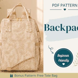 Puede incluir: Una mochila beige con patrón moteado, asas superiores, cremalleras doradas y un bolsillo frontal. El texto dice PDF PATTERN, Backpack, Beginner Friendly y Bonus Pattern: Free Tote Bag, con gráficos de corazones y hojas como detalle.
