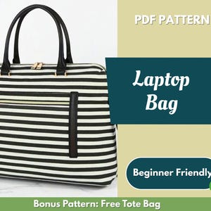 Op de afbeelding: Zwart-wit gestreepte laptoptas met zwarte handvatten en gouden ritsen. De tas heeft een voorvak met een gouden rits. De tekst "Laptop Bag" en "Beginner Friendly" zijn zichtbaar.