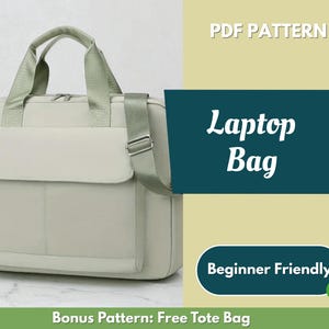 Op de afbeelding: Een lichtbeige laptoptas met een bijpassende schouderriem en handvatten. De tas heeft een voorvak met klep en de tekst "Laptop Bag" in witte letters. De woorden "Beginner Friendly" zijn ook zichtbaar.