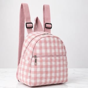 May include: A small backpack featuring a light pink and white gingham check pattern. The bag includes two adjustable shoulder straps with black plastic buckles, a main zippered compartment, and a smaller front zippered pocket with a silver metal pull.