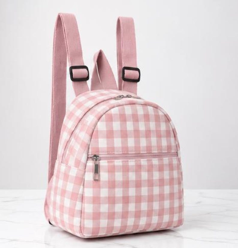 May include: A small backpack featuring a light pink and white gingham check pattern. The bag includes two adjustable shoulder straps with black plastic buckles, a main zippered compartment, and a smaller front zippered pocket with a silver metal pull.
