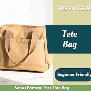 Puede incluir: Un bolso tote de color beige con dos asas y bolsillos laterales. El bolso está hecho de una tela resistente y tiene forma rectangular. El texto en la imagen dice "PDF Pattern" y "Tote Bag". La imagen también incluye el texto "Beginner Friendly".