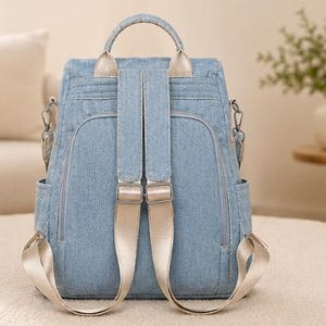 Puede incluir: Una mochila de mezclilla azul claro con un asa superior, dos correas beige ajustables y m&uacute;ltiples compartimentos con cremallera. La bolsa incluye bolsillos laterales y herrajes met&aacute;licos plateados, con un dise&ntilde;o estructurado y costuras visibles.