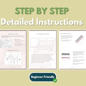 May include: Step-by-step detailed instructions for a sewing project. The image shows three pages with detailed diagrams and text, including a printing guide, pattern inventory, and sewing steps. The words "Beginner Friendly" are displayed.