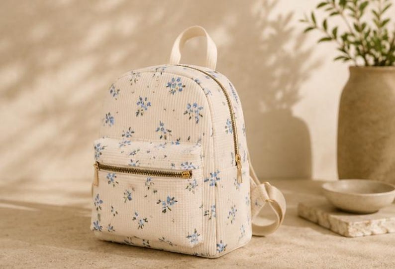 K&ouml;nnte beinhalten: Ein cremefarbener Mini-Rucksack aus Kord mit einem zarten blauen Blumenmuster. Die Tasche verf&uuml;gt &uuml;ber einen Tragegriff, verstellbare Schultergurte und eine Fronttasche mit Rei&szlig;verschluss sowie goldfarbene Beschl&auml;ge. Das Hauptfach hat einen Rei&szlig;verschluss.