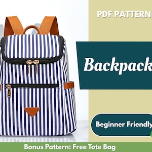 May include: A striped backpack with navy blue and white vertical stripes. The backpack has brown straps and accents, with gold zippers. The text "Backpack" is displayed on a teal background. The text "Beginner Friendly" is also displayed.