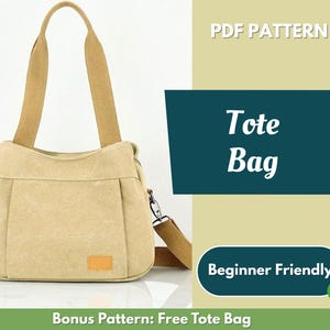 Puede incluir: Bolso tote de lona beige con asas y bandolera extraíble. El bolso tiene un bolsillo frontal y una pequeña etiqueta rectangular. El texto "Tote Bag" y "Beginner Friendly" es visible en la imagen.