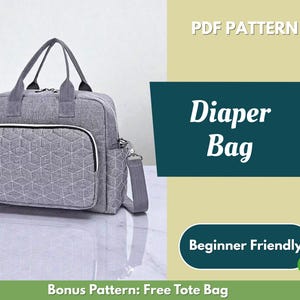 Puede incluir: Un bolso para pañales gris con un patrón geométrico en el bolsillo delantero. El bolso tiene un asa superior, una correa para el hombro y bolsillos laterales. El texto en la imagen dice "Diaper Bag" y "Beginner Friendly".