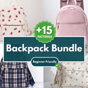 Può includere: Una collezione di quattro zaini in vari design. Uno è bianco con fragole rosse, un altro è in velluto a coste rosa, un terzo è a quadri blu e l'ultimo è bianco con motivi floreali rosa. L'immagine include il testo "Backpack Bundle" e "+15 Patterns".