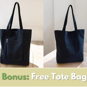 May include: Two views of a black tote bag with long handles. One bag has a zippered pocket on the front. The bags are made of a sturdy fabric and are suitable for carrying various items. The text "Bonus: Free Tote Bag" is at the bottom.