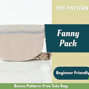 Può includere: Un marsupio in velluto a coste beige con chiusura a zip e cinturino fantasia. Il testo "Fanny Pack" è visualizzato in bianco su sfondo verde acqua. Viene visualizzato anche il testo "Beginner Friendly".