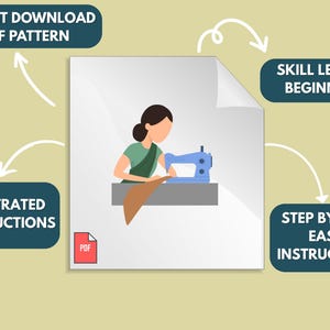 May include: Illustration of a person sewing with a blue sewing machine. The image includes text that says "Instant Download PDF Pattern", "Illustrated Instructions", "Skill Level: Beginner", and "Step by Step Easy Instructions".