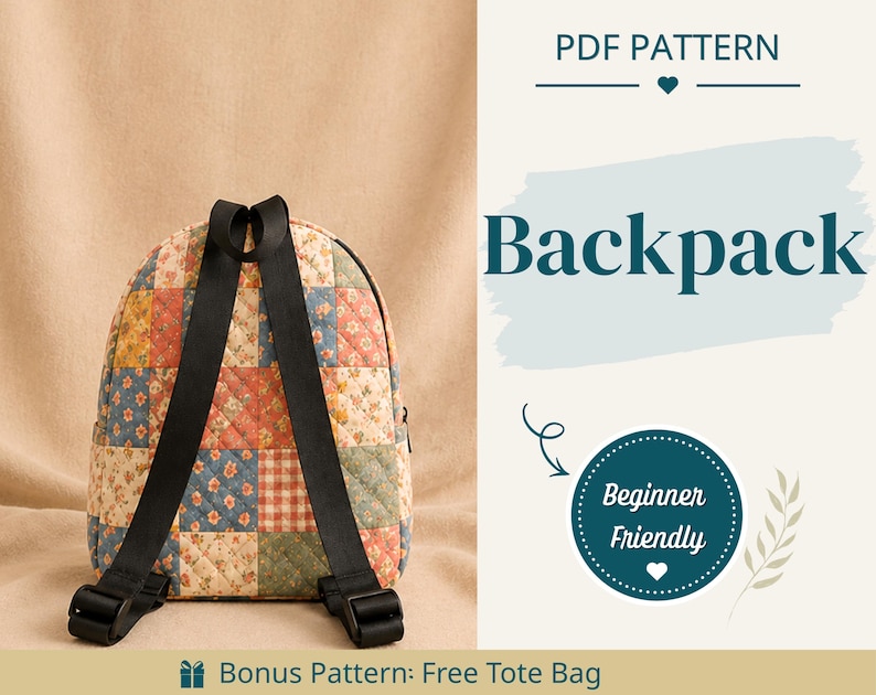 K&ouml;nnte beinhalten: Ein gesteppter Rucksack mit einem Patchwork-Design aus Blumen- und Karomustern in gedeckten Blau-, Rot-, Gelb- und Gr&uuml;nt&ouml;nen. Der Rucksack hat schwarze, verstellbare Tr&auml;ger. Der Text lautet PDF PATTERN, Backpack, Beginner Friendly und Bonus Pattern: Free Tote Bag.