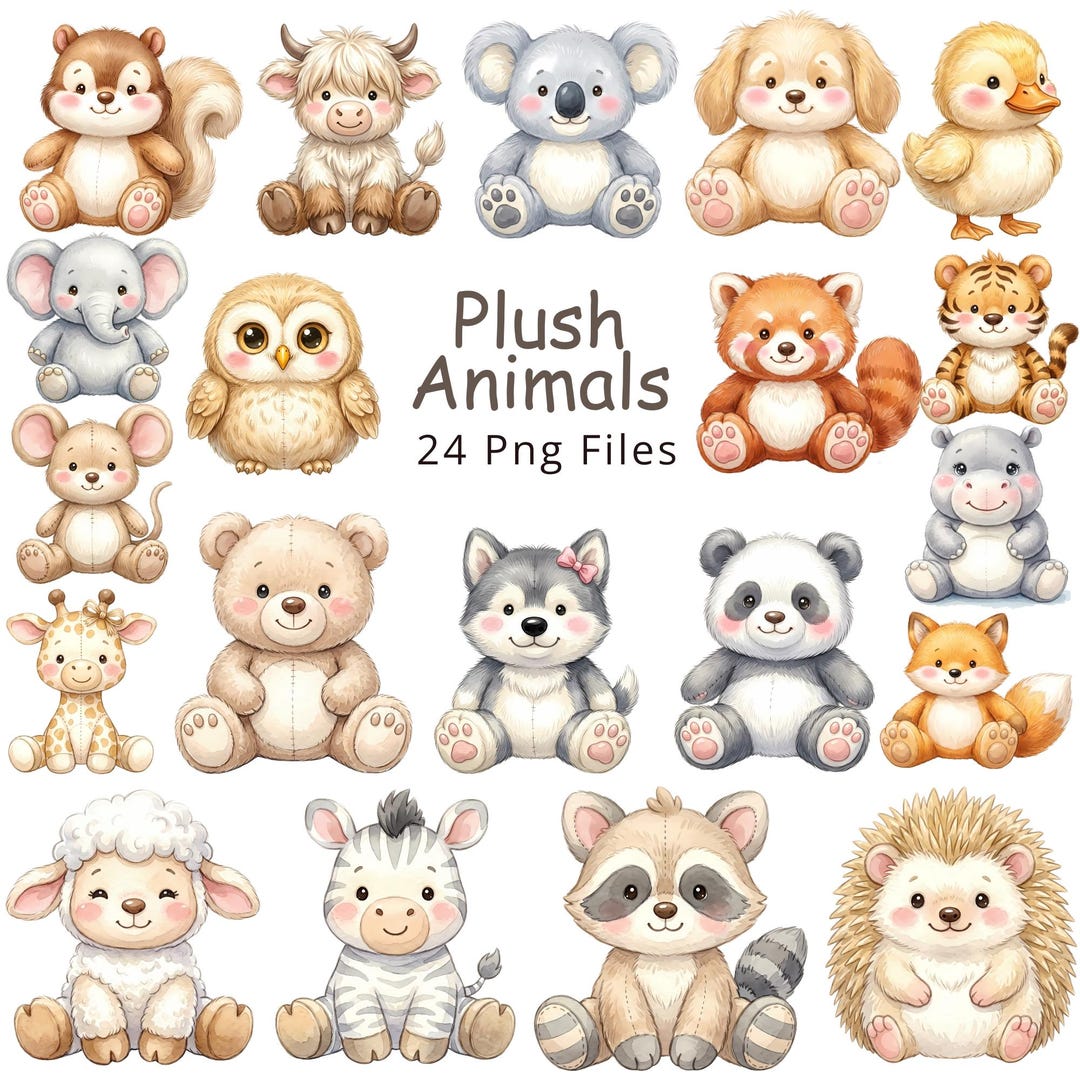 Cute Plush Animals Clipart, Nursery Animal Clip Art, Baby Shower ...