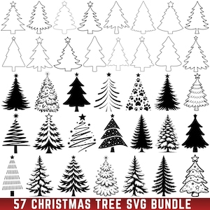 以下が含まれることがあります： さまざまなスタイルの57個のクリスマスツリーSVGデザインのコレクション。アウトライン、ソリッドブラック、詳細なイラストが含まれています。各ツリーは、ホリデー工芸品や装飾に最適な星が上にあります。