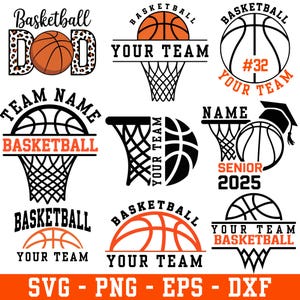 May include: A selection of basketball-themed graphics in black, orange, and white. Features basketballs, hoops, and text such as "Basketball Dad," "Your Team," and "Senior 2025." Available in SVG, PNG, EPS, and DXF formats.