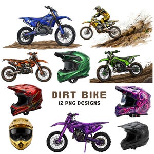 Op de afbeelding: Collectie crossmotorontwerpen in verschillende kleuren, waaronder blauw, groen, oranje en paars. De afbeelding bevat ook verschillende motorhelmen in rood, goud en zwart. Tekst luidt "Dirt Bike 12 PNG Designs."