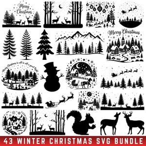 Può includere: Una collezione di 43 design SVG in bianco e nero a tema invernale e natalizio. I design includono sagome di cervi, alberi, case, pupazzi di neve, la slitta di Babbo Natale e il testo "Merry Christmas".