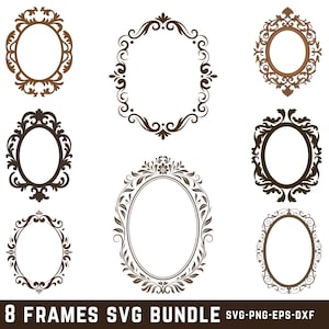 Puede incluir: Una colección de ocho marcos ovalados ornamentados en varios tonos marrones. Cada marco presenta intrincados adornos y elementos decorativos. El texto "8 FRAMES SVG BUNDLE" se muestra en la parte inferior, con opciones de tipo de archivo.