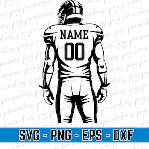 May include: Black and white illustration of a football player from the back, wearing a helmet and uniform with the word "NAME" and the number "00" on the jersey. The bottom of the image has the text "SVG - PNG - EPS - DXF".