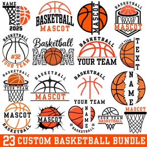 May include: A selection of 23 custom basketball designs in orange and black. Designs include basketballs, hoops, and text such as "Mascot", "Your Team", and "Senior 2025". The phrase "23 Custom Basketball Bundle" is at the bottom.