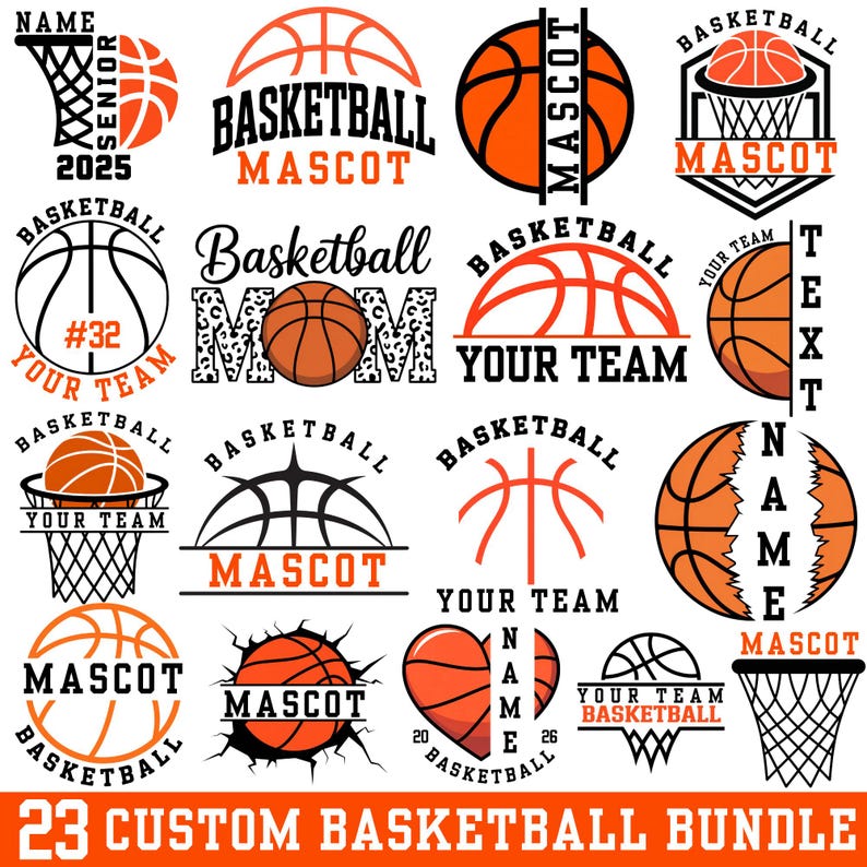 May include: A selection of 23 custom basketball designs in orange and black. Designs include basketballs, hoops, and text such as "Mascot", "Your Team", and "Senior 2025". The phrase "23 Custom Basketball Bundle" is at the bottom.