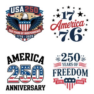 以下が含まれることがあります： アメリカ独立250周年を祝うテキストとグラフィックを使用した4つの愛国的なデザイン。デザインには、ワシ、星、1776年から2026年までの年が赤、白、青で含まれています。