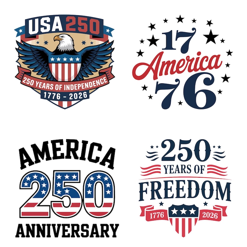 以下が含まれることがあります： アメリカ独立250周年を祝うテキストとグラフィックを使用した4つの愛国的なデザイン。デザインには、ワシ、星、1776年から2026年までの年が赤、白、青で含まれています。