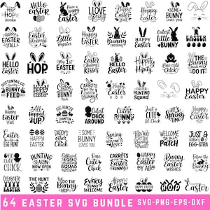May include: A collection of 64 Easter-themed SVG designs in black, featuring bunnies, eggs, and festive phrases like "Happy Easter" and "Bunny Kisses." These designs are suitable for various crafting projects.
