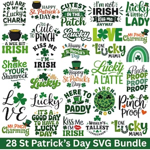 Pode incluir: Uma coleção de 28 designs SVG do Dia de São Patrício em verde e preto. Os designs incluem frases como "Lucky", "Irish" e "Happy St. Patrick's Day", juntamente com trevos, chapéus de duende e potes de ouro.
