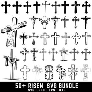 Puede incluir: Una colección de diseños de cruces en blanco y negro, incluyendo crucifijos, cruces ornamentadas y formas de cruces simples. La imagen también presenta una representación de Jesús en la cruz. El texto en la parte inferior dice "50+ RISEN SVG BUNDLE" con indicadores de tipo de archivo.