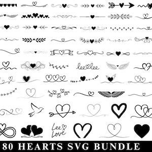 May include: A collection of 80 black heart-themed SVG designs. The image features various heart illustrations, including single hearts, connected hearts, and hearts with arrows, wings, and floral elements. The text "80 HEARTS SVG BUNDLE" is at the bottom.