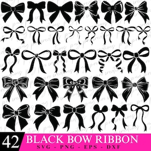 May include: A collection of 42 black bow ribbon designs in various styles. The bows are in a silhouette style, with different knot and loop variations. The image includes the text "42 BLACK BOW RIBBON" and file type options: SVG, PNG, EPS, and DXF.