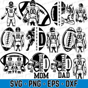 May include: Black and white digital illustrations of football players, helmets, and footballs. Includes the words "YOUR TEXT", "MOM", and "DAD". Also includes the file types: SVG, PNG, EPS, and DXF.