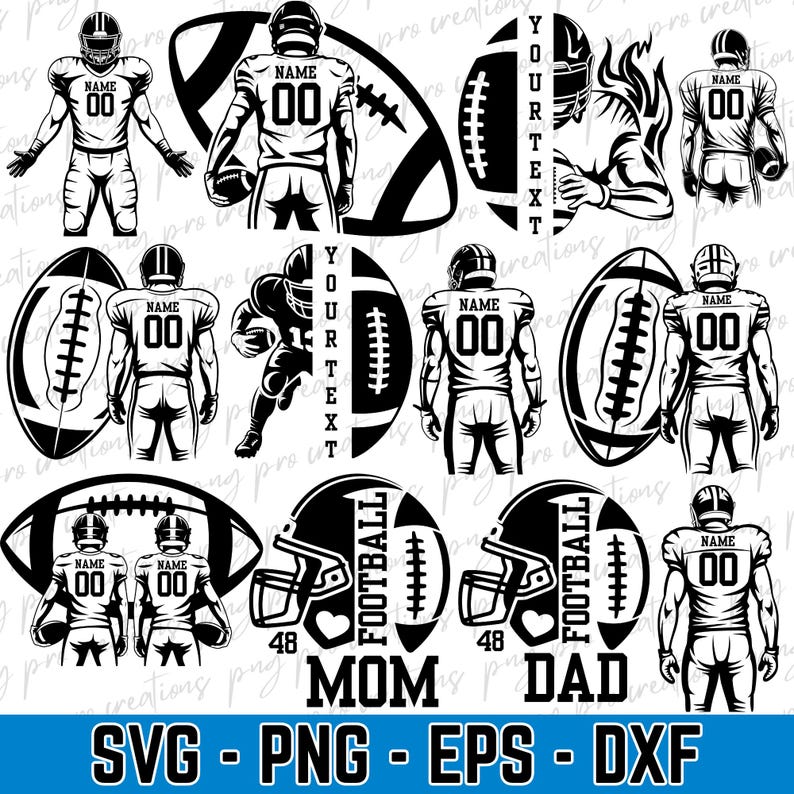 May include: Black and white digital illustrations of football players, helmets, and footballs. Includes the words "YOUR TEXT", "MOM", and "DAD". Also includes the file types: SVG, PNG, EPS, and DXF.
