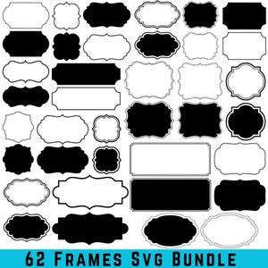 May include: A collection of 62 SVG frames in various shapes and styles, including rectangular, oval, and ornate designs. The frames are presented in both black and white, offering versatility for digital design projects. Text at the bottom reads "62 FRAMES SVG BUNDLE".