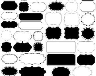 Peut inclure: Un ensemble de 62 cadres SVG de formes et de styles variés, notamment rectangulaires, ovales et ornés. Les cadres sont présentés en noir et blanc, offrant une grande polyvalence pour les projets de conception numérique. Le texte en bas indique "62 FRAMES SVG BUNDLE".