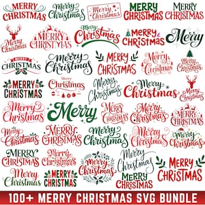 Puede incluir: Una colección de diseños SVG con temática navideña. La imagen presenta varios diseños de texto "Merry Christmas" en rojo y verde, con elementos decorativos como renos, acebo y estrellas. El texto "100+ MERRY CHRISTMAS SVG BUNDLE" está en la parte inferior.