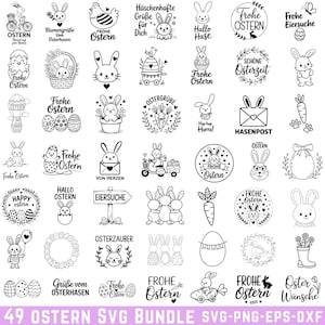以下が含まれることがあります： 黒と白のイースターをテーマにした49個のSVGデザインのコレクション。ウサギ、卵、ニンジン、「Frohe Ostern」や「Happy Easter」などのテキストが含まれています。クラフトプロジェクトに最適です。