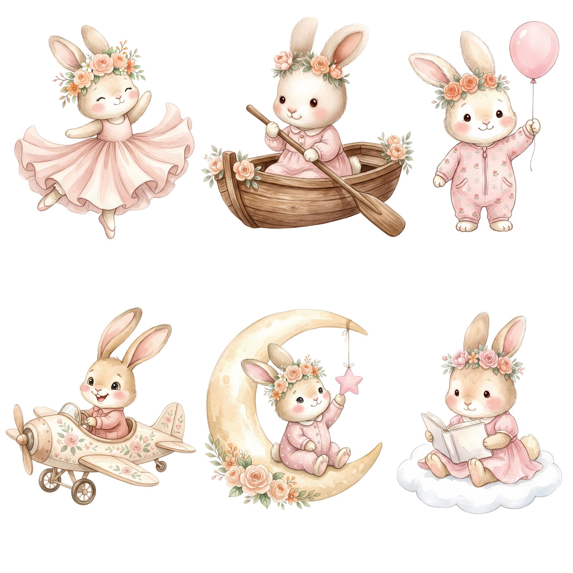 Pink Bunny Clipart, Baby Shower Rabbit Clip Art, Cute Watercolor Bunny ...
