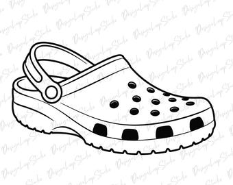 May include: A black and white line drawing of a classic clog shoe. The shoe has a rounded toe, a strap, and several holes on the top. The text "SVG - PNG - EPS - DXF" is at the bottom.