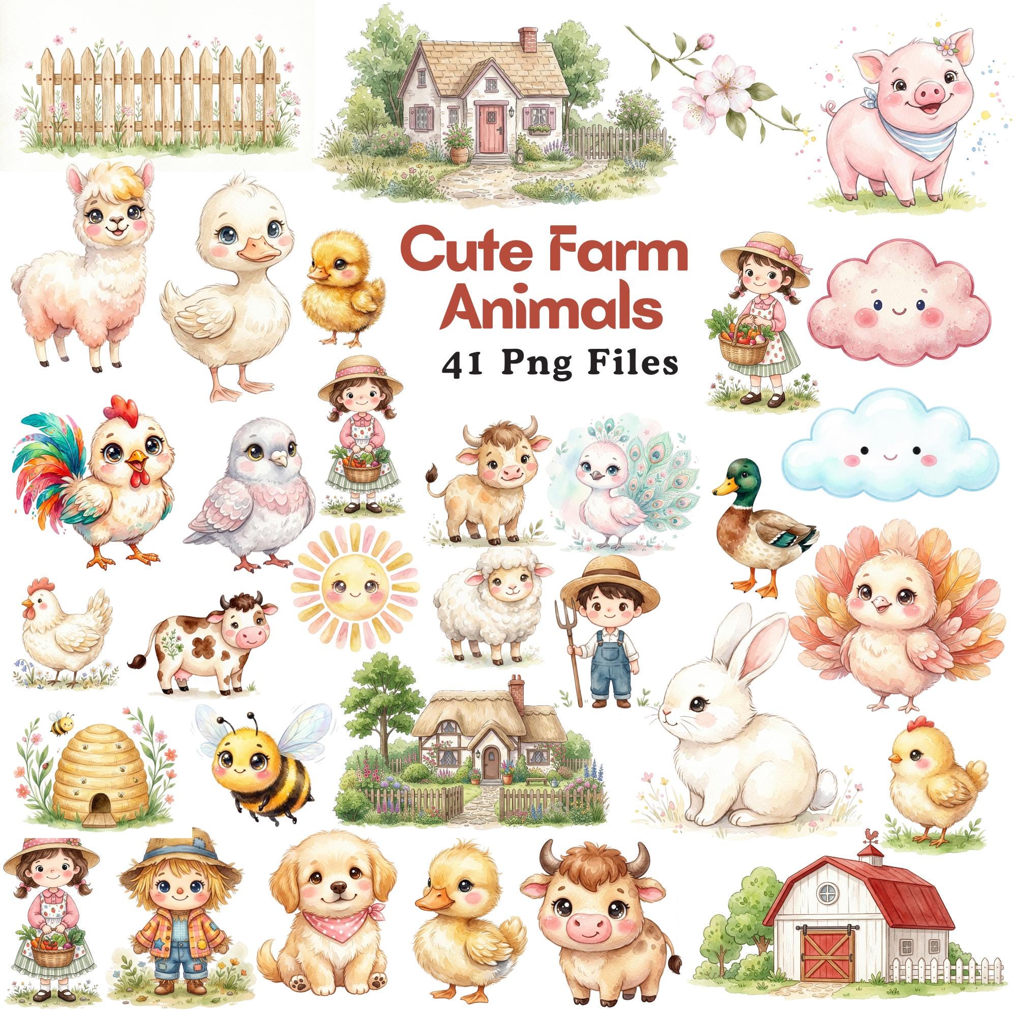 Watercolor Farm Animals Clipart, Farm Animal Clipart, Watercolor, Cute ...